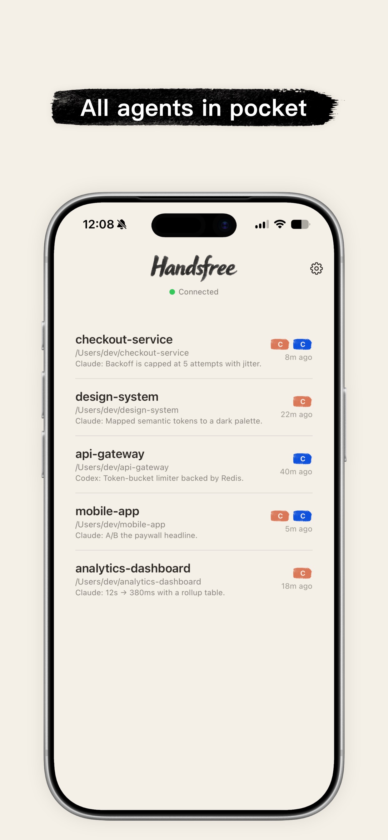Handsfree session list showing multiple Claude and Codex projects