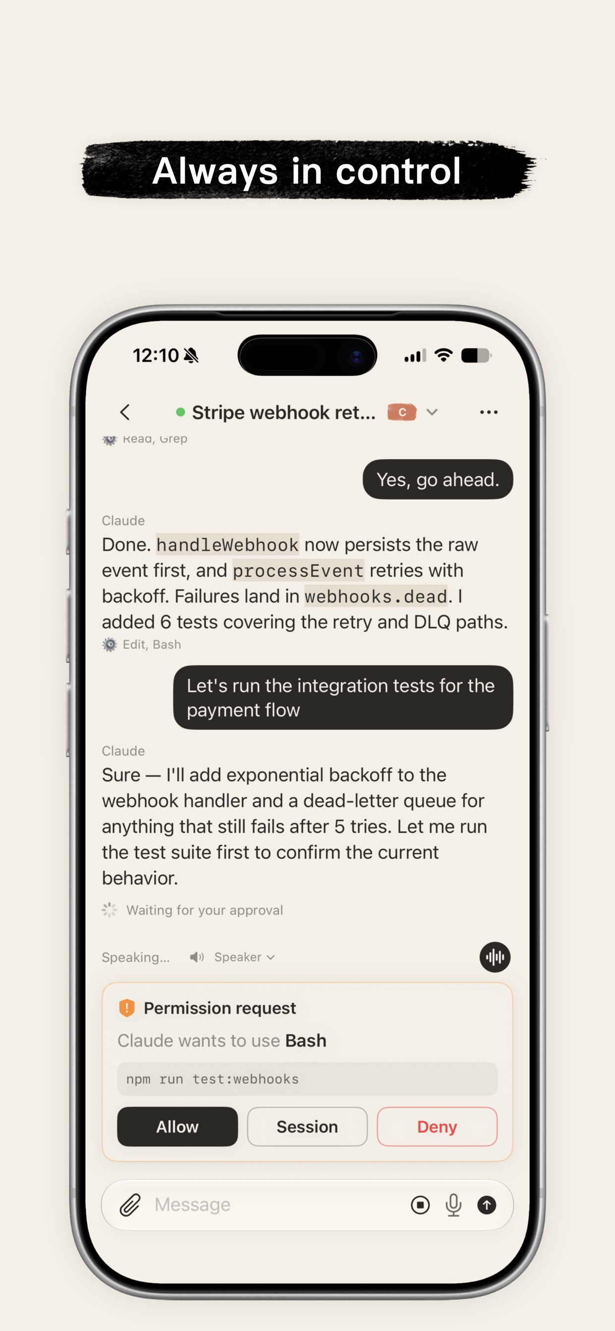 Handsfree permission request with Allow, Session, and Deny options